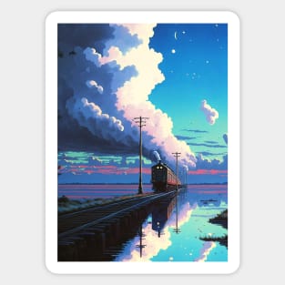 Retro Anime Style Night View Old Japanese Train Sticker